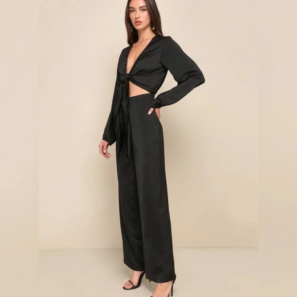 NWOT Lulus Trendsetting Direction Black Satin Tie-Front Wide-Leg Jumpsuit - Picture 3 of 9